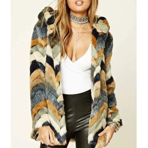 FOREVER 21 Chevron Faux Fur Hooded Jacket- Size Medium, Blue & Tan Stripe